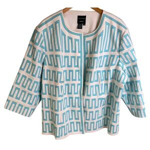 VTG Doncaster Collection Linen Blend Off White Teal Key Maze‎ Blazer 22W Woman's